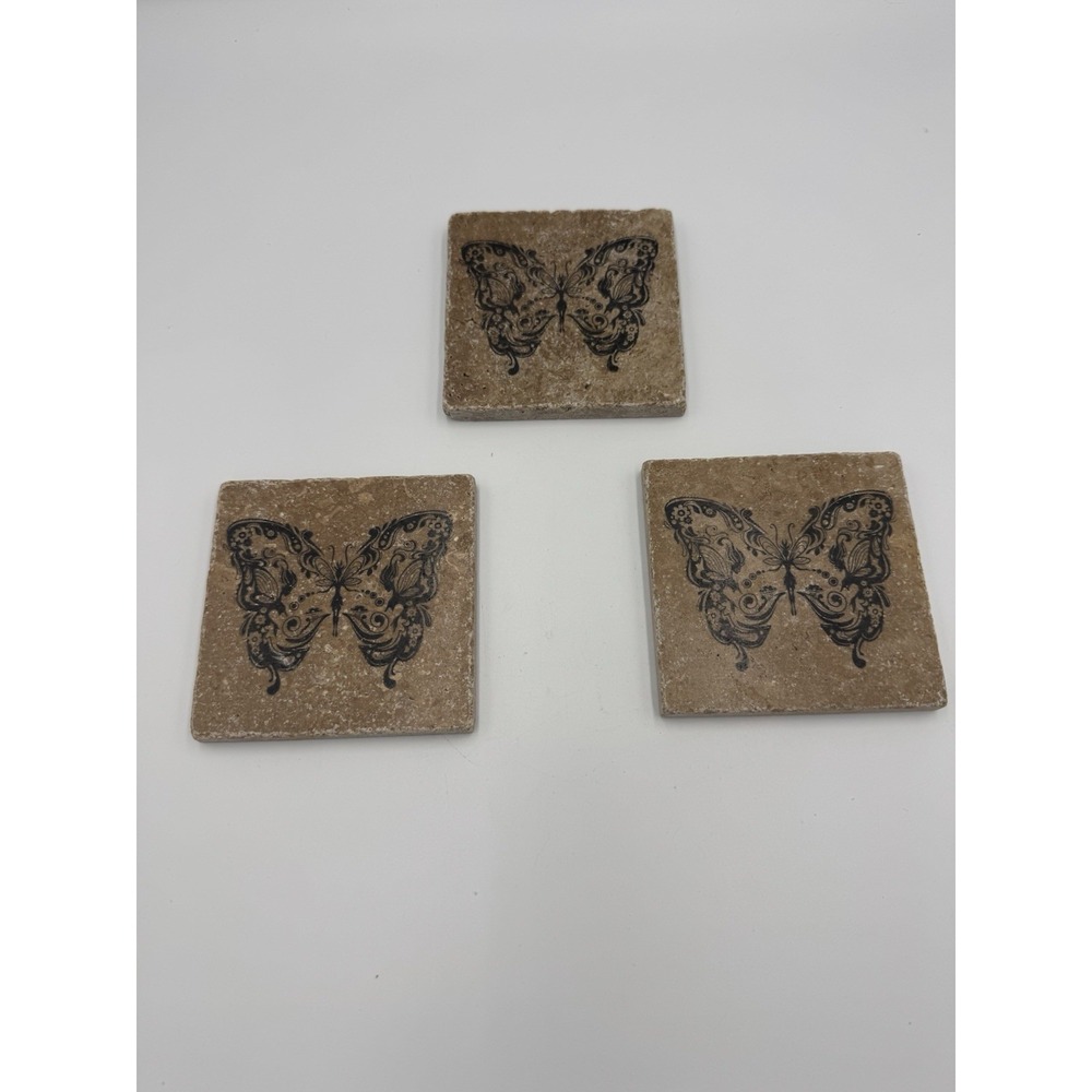 Set Of 3 Stone Coasters With‎ Butterflies